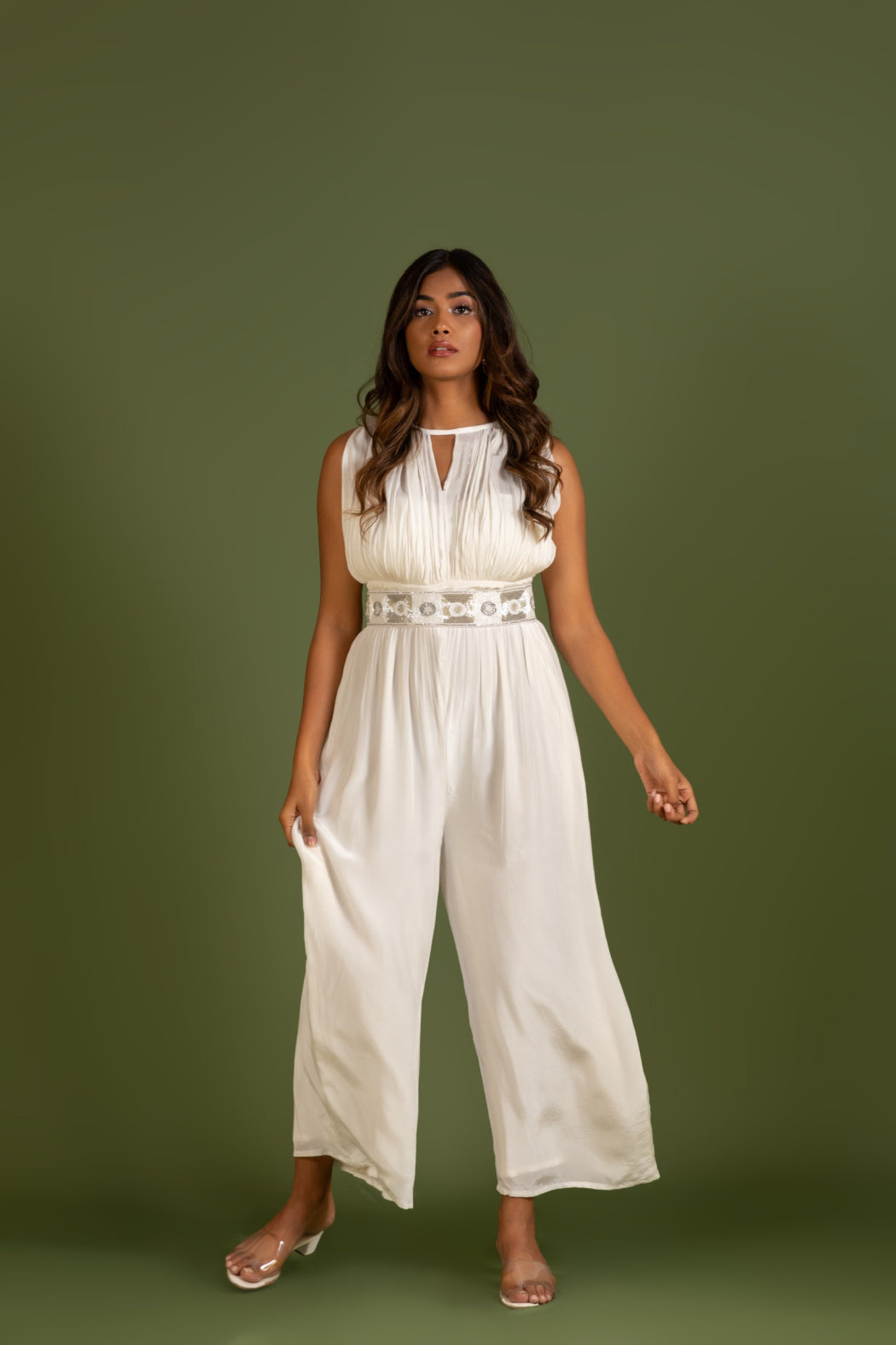 WHITE JUMPSUIT WITH EMBROIDERED BELT