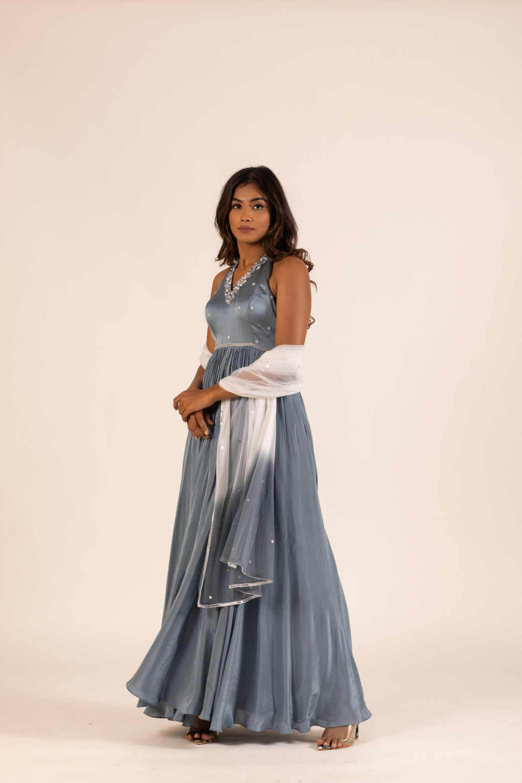 GREY HALTER NECK PLEATED GOWN SET