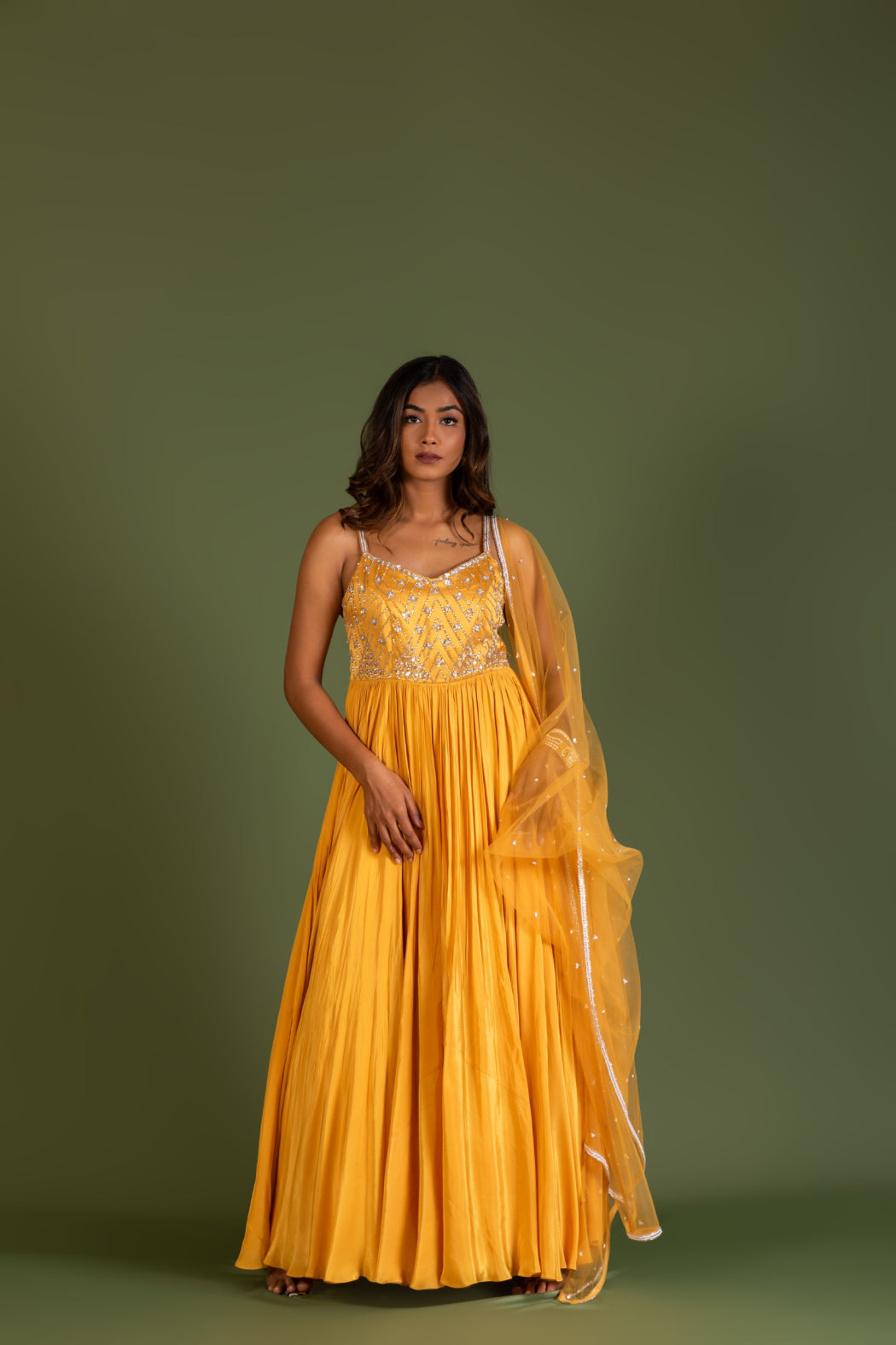 MUSTARD YELLOW PLEATED GOWN