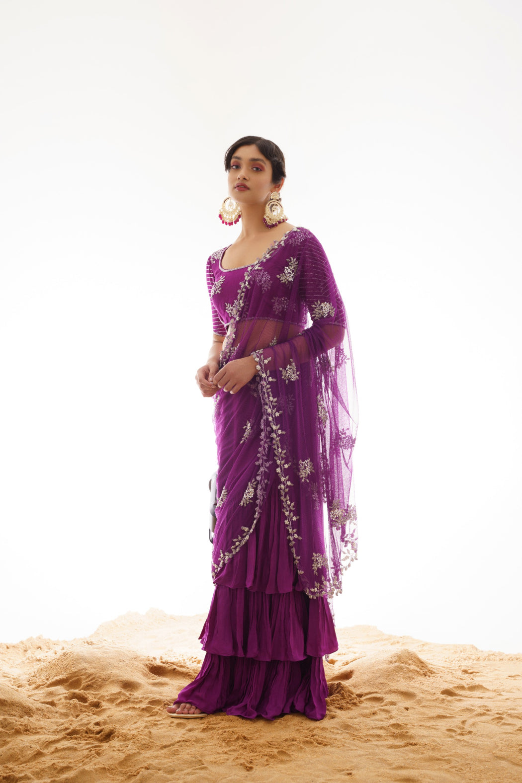 PURPLE RUFFELED SAREE WITH HEAVY EMBROIDERED ATTACHED PALLU