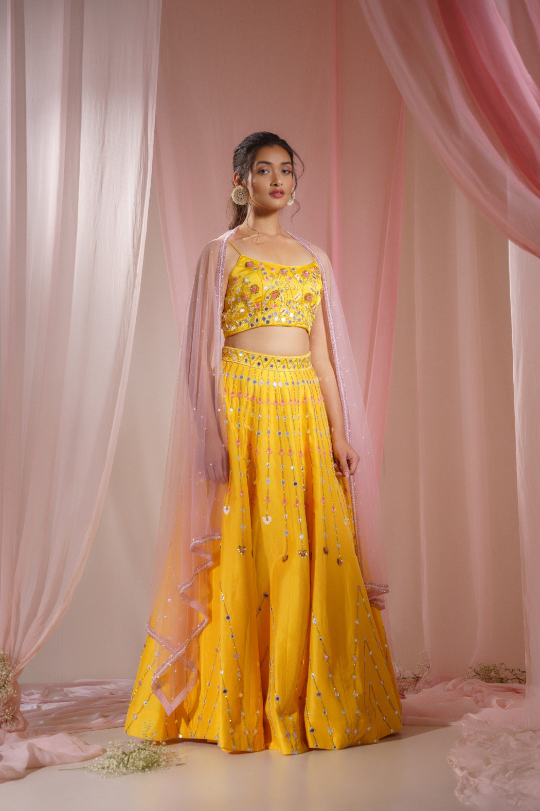 YELLOW HEAVY LEHENGA SET WITH PINK DUPATTA