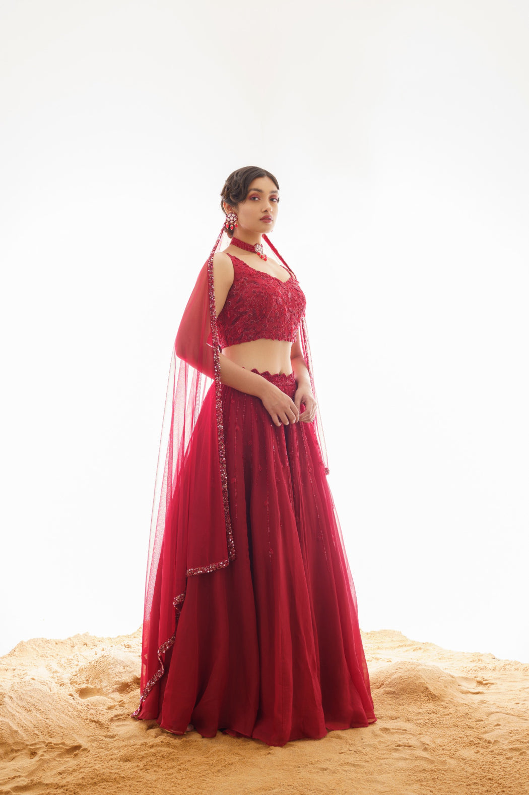 RED ORGANZA HEAVY LEHENGA SET