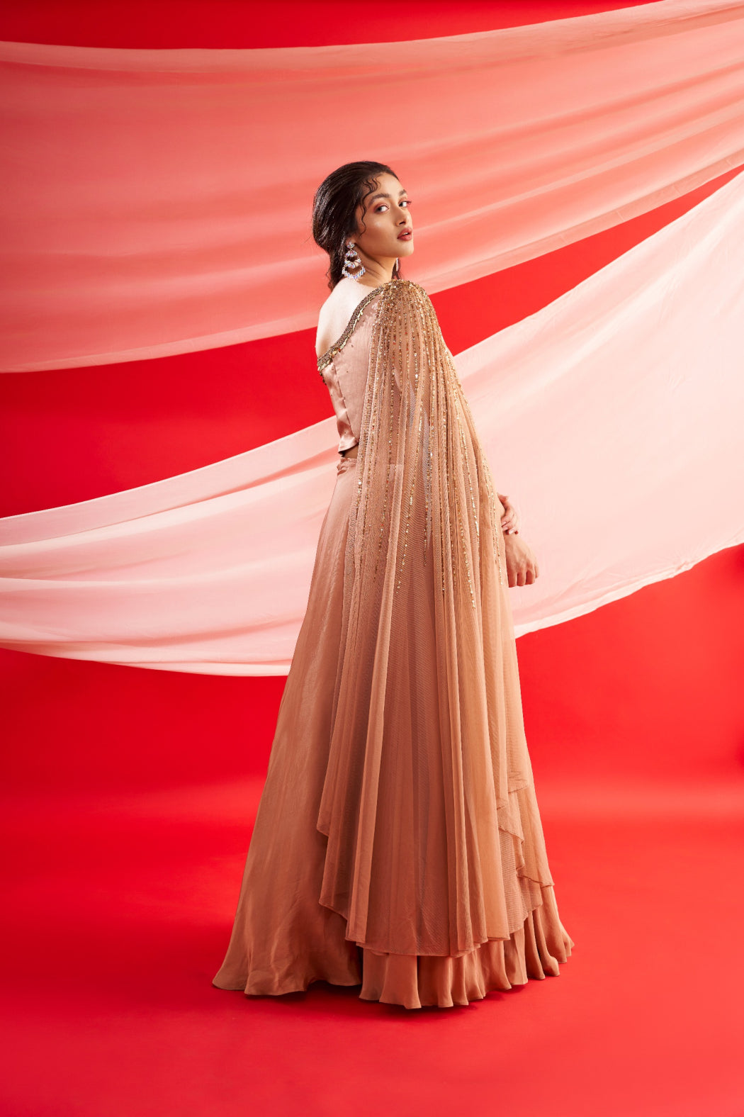 BRONZE GOWN WITH ATTACHED DRAPPED DUPATTA