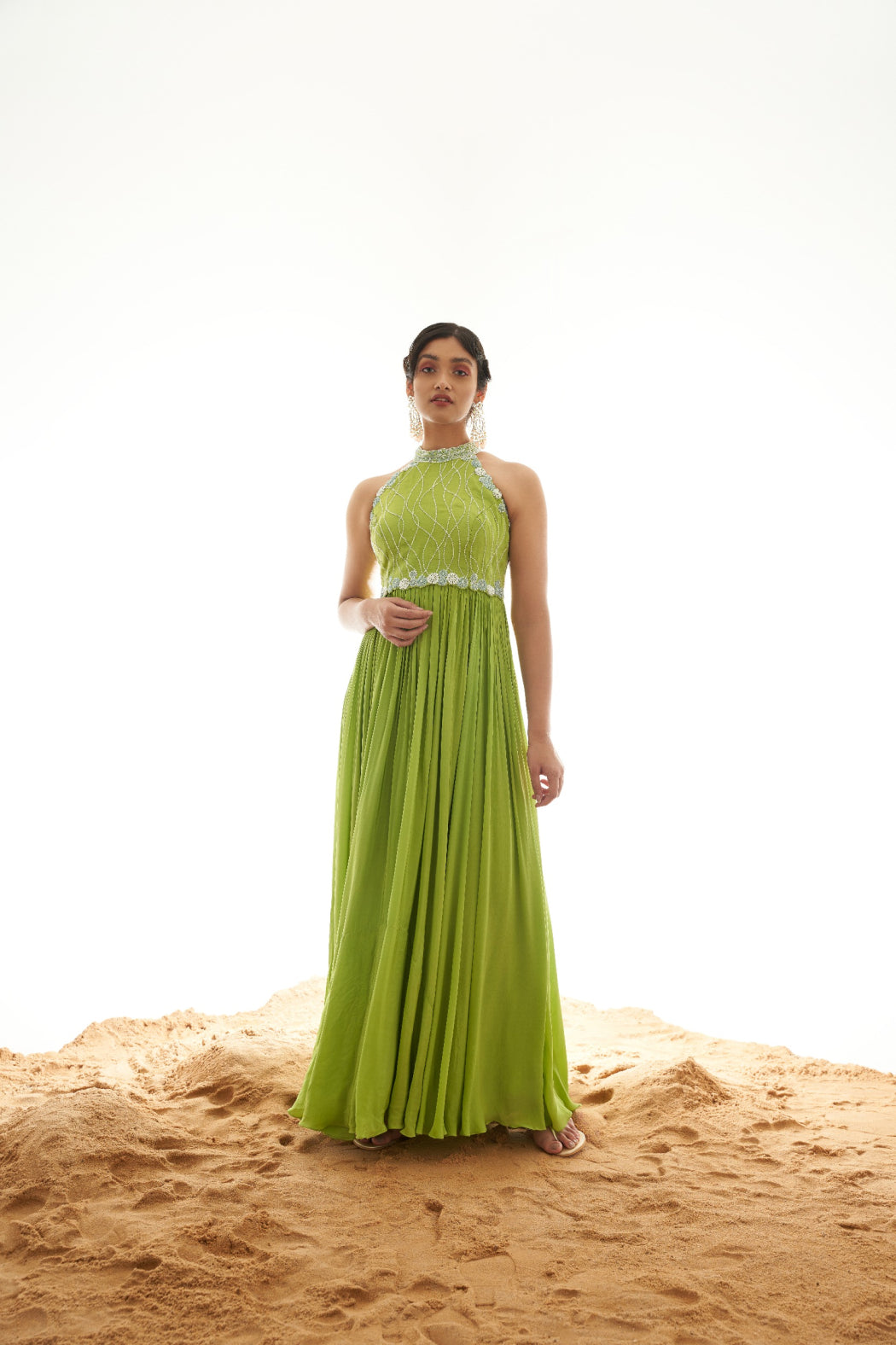 GREEN GOWN AND SKY BLUE RUFFLED SHRUG