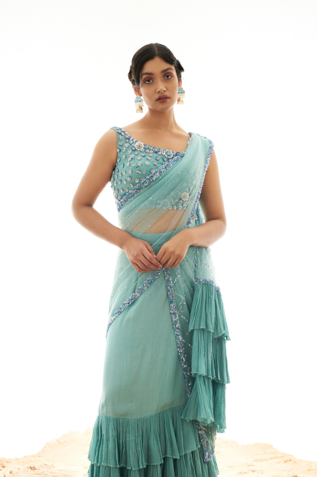 SKY BLUE DRAPPED SAREE WITH RUFFLE DUPATTA