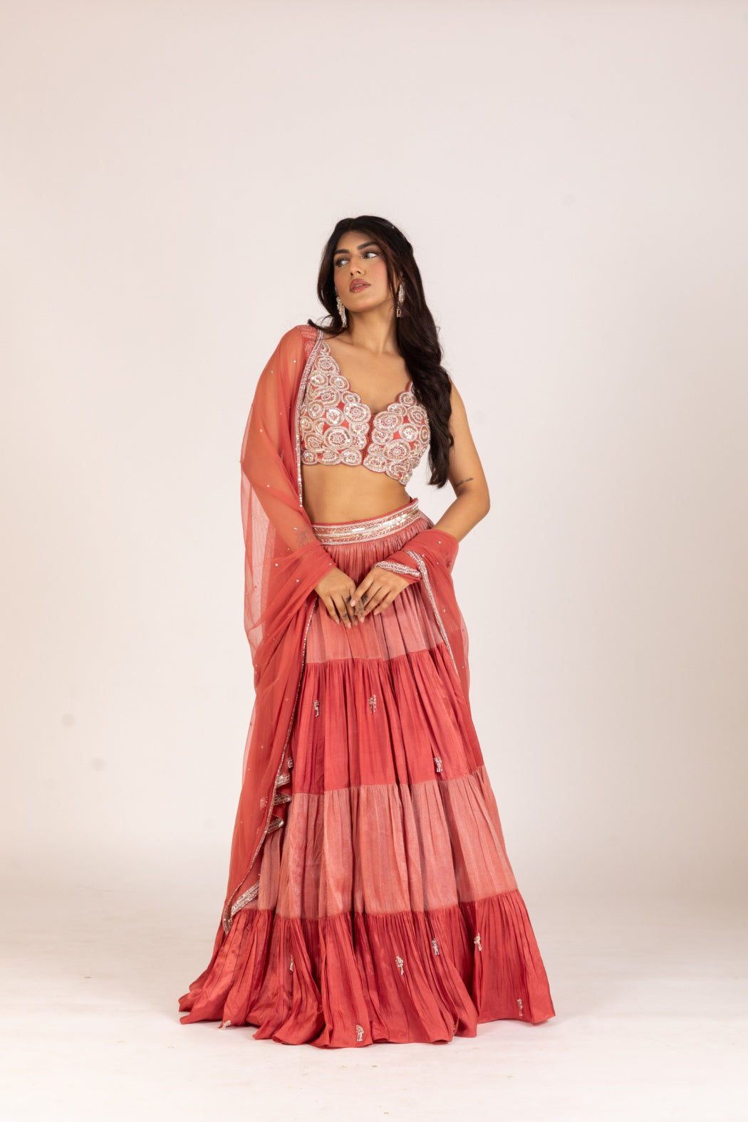 RUST FOUR LAYER PLEATED LEHENGA SET