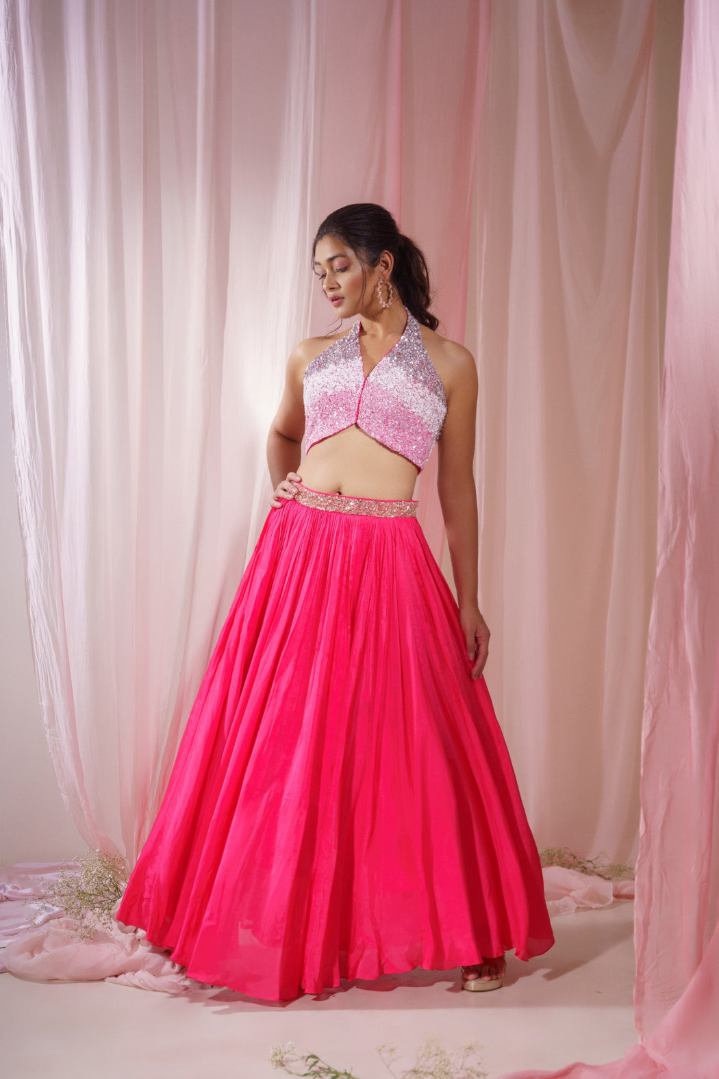 HOT PINK HALTER NECK BLOUSE AND LEHENGA SET