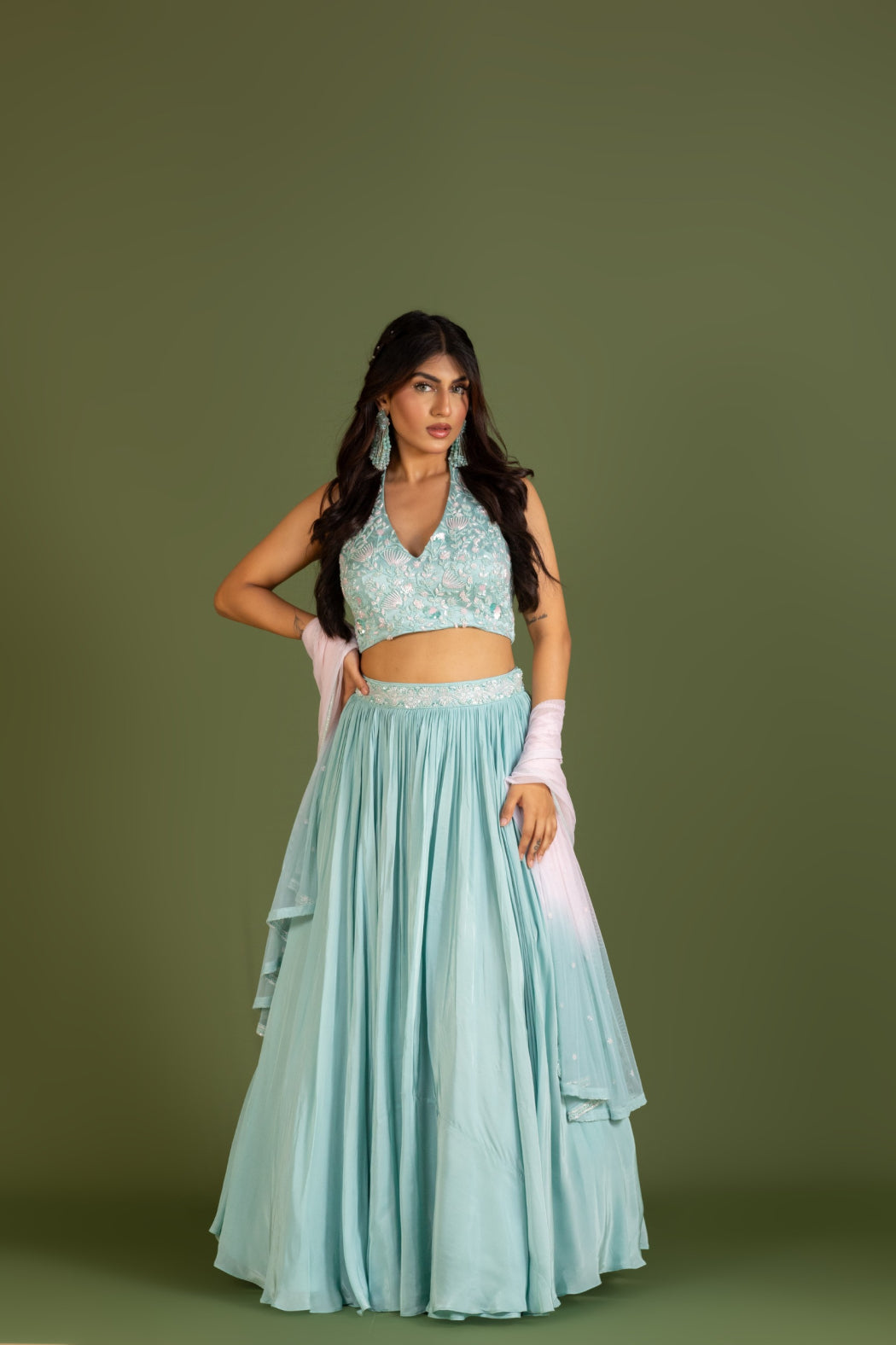 MINT HALTER NECK LEHENGA SET