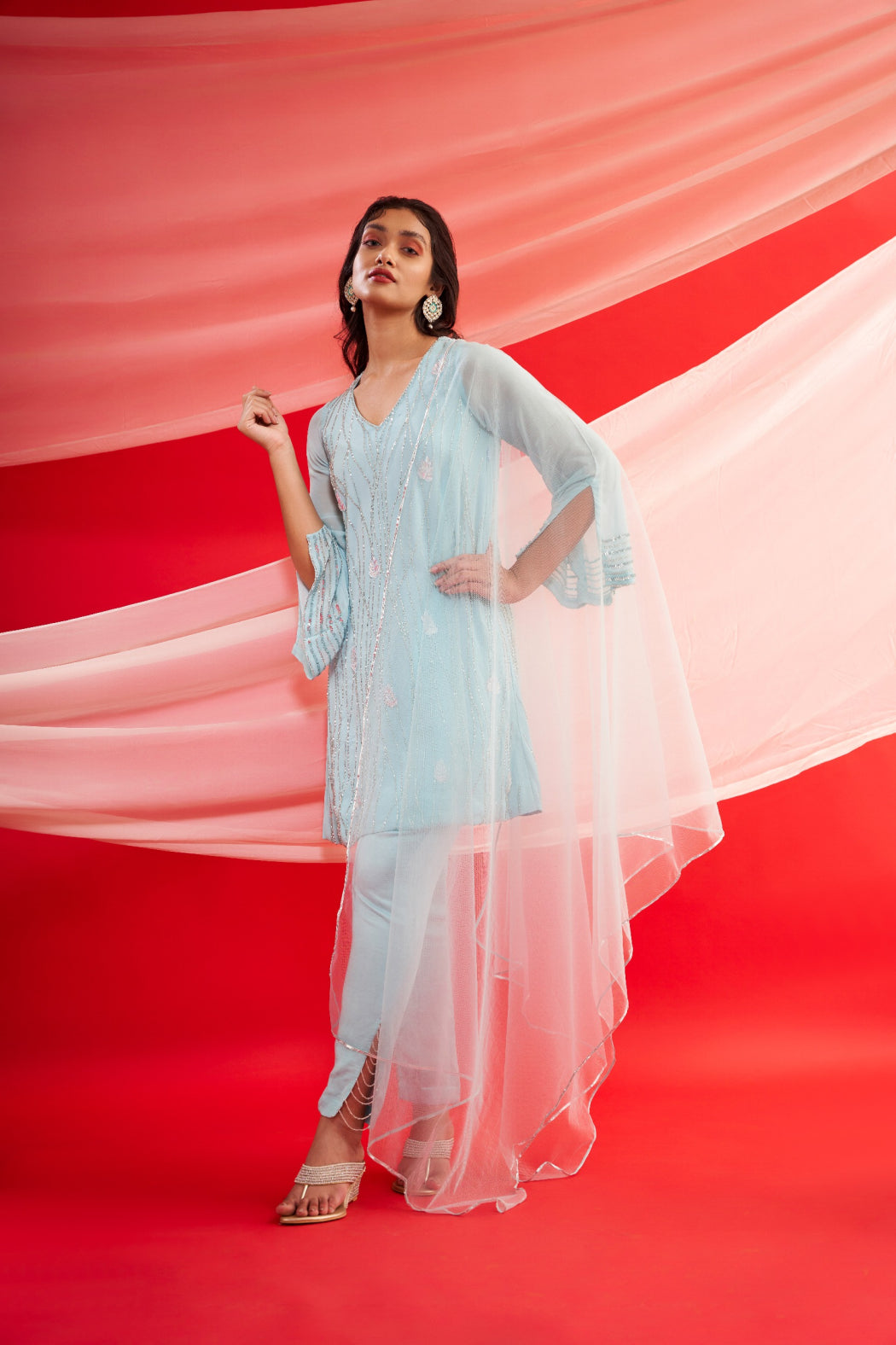 SILVER EMBROIDERED SKY BLUE TUNIC AND PANT SET