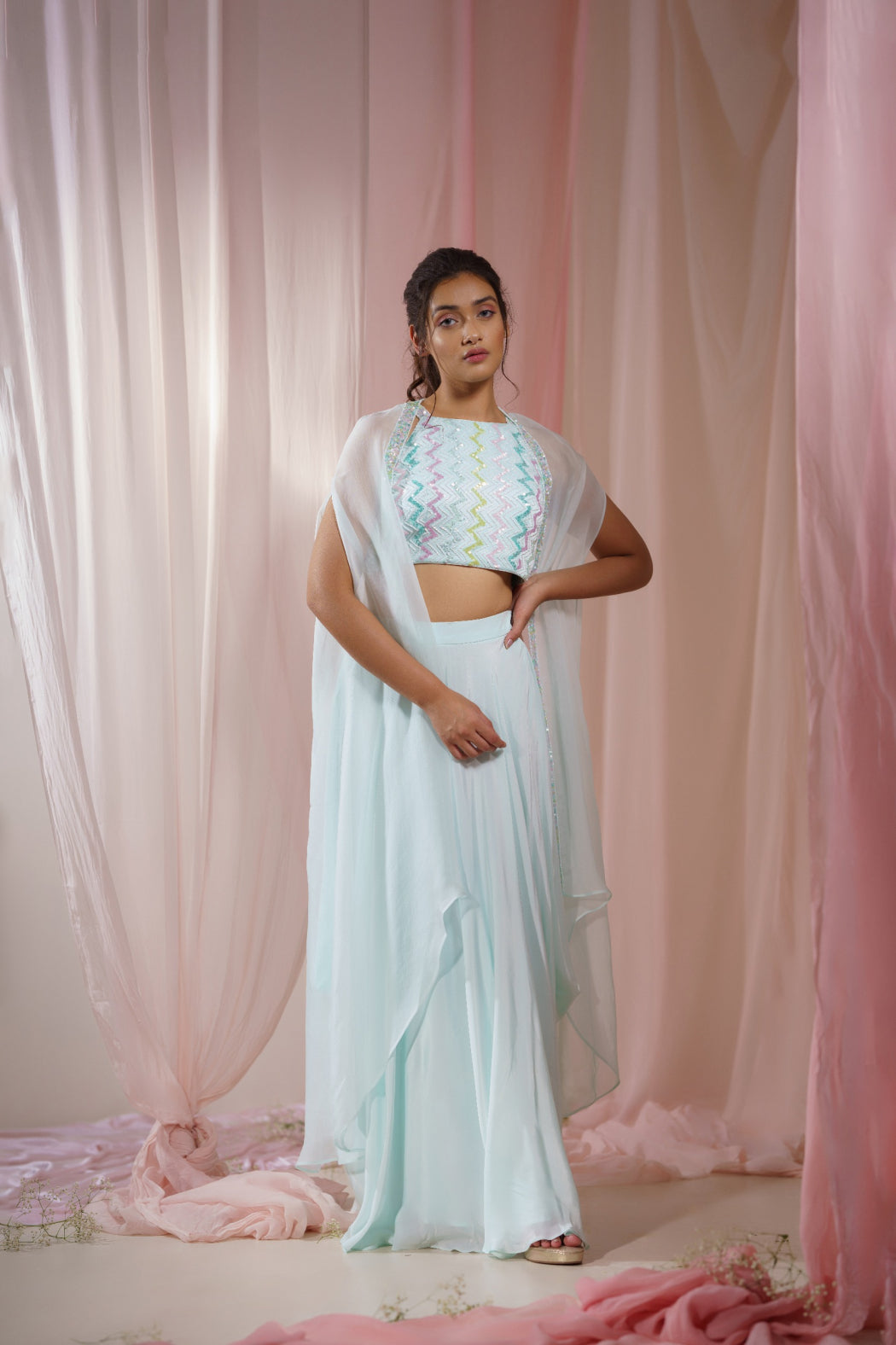 SKY BLUE DHOTI SKIRT WITH COLOURFUL EMBROIDERED BLOUSE AND SHRUG SET