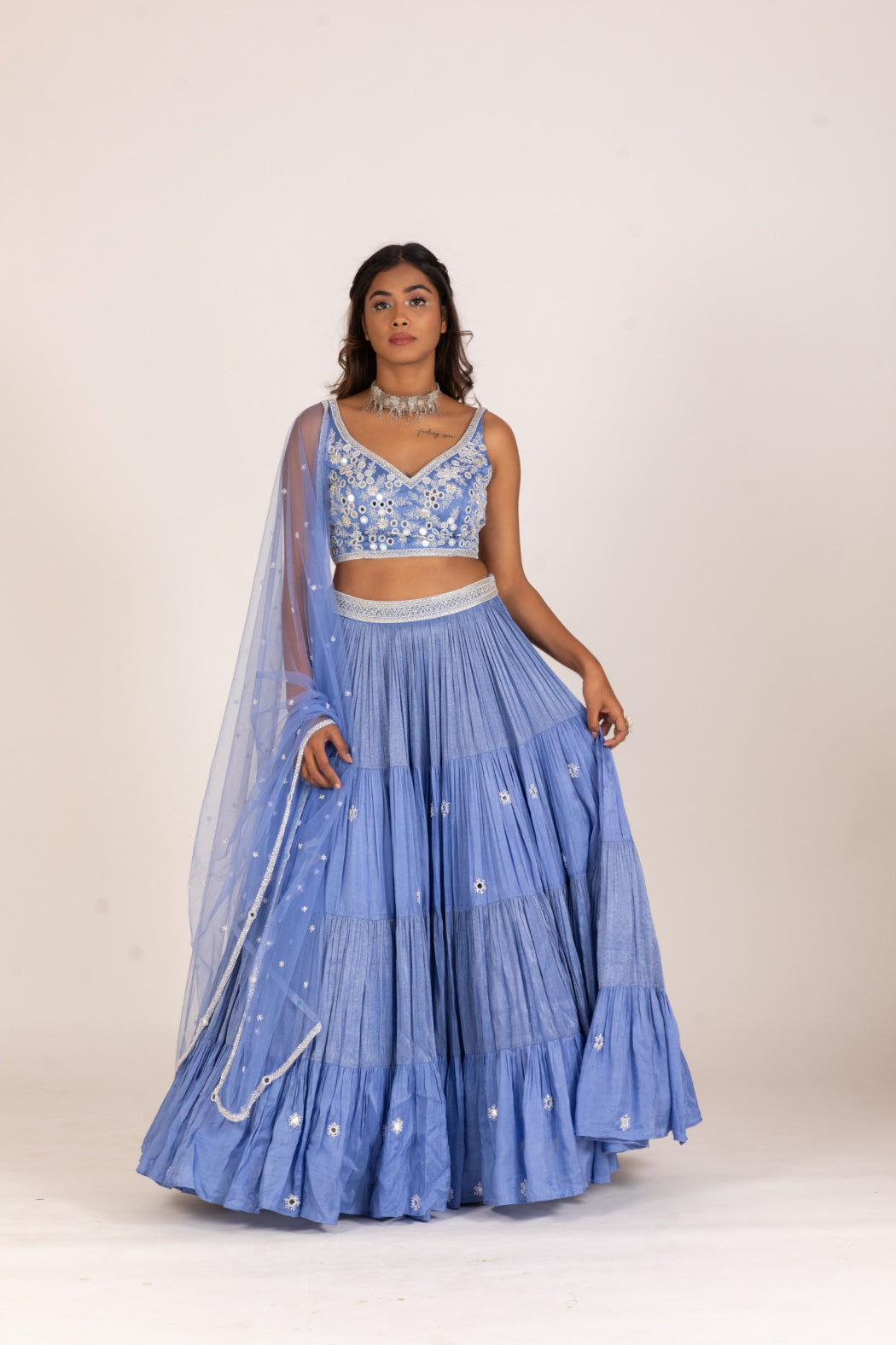 POWDER BLUE FOUR LAYER PLEATED LEHENGA SET