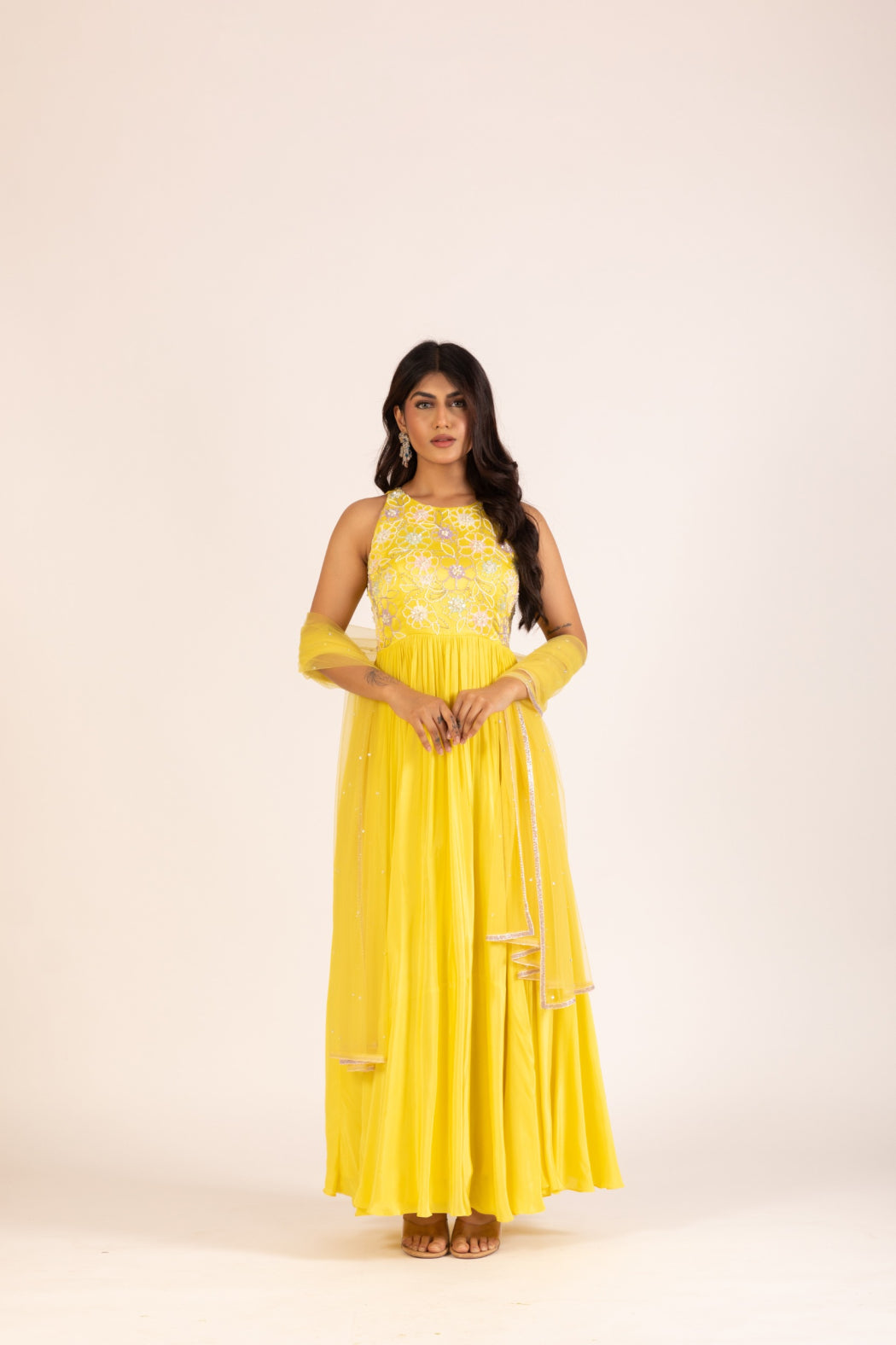 YELLOW PLEATED ANARKALI SET