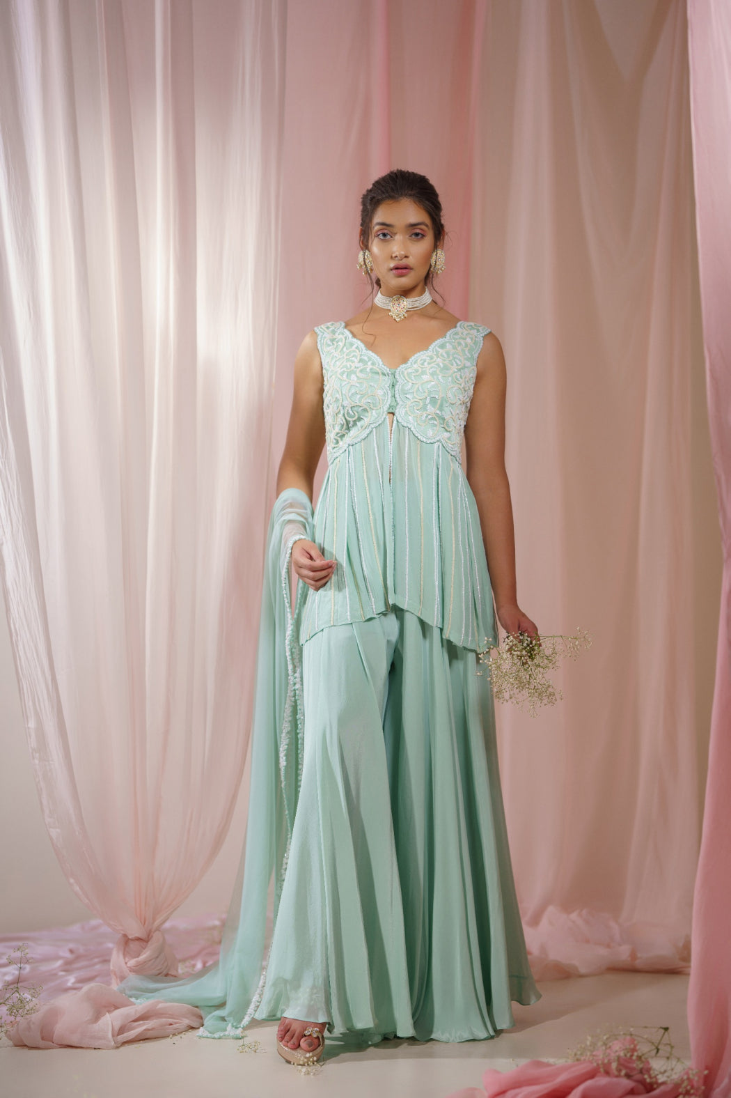 TEAL PEPLUM WITH PEARL EMBROIDERED AND PLAZZO SET