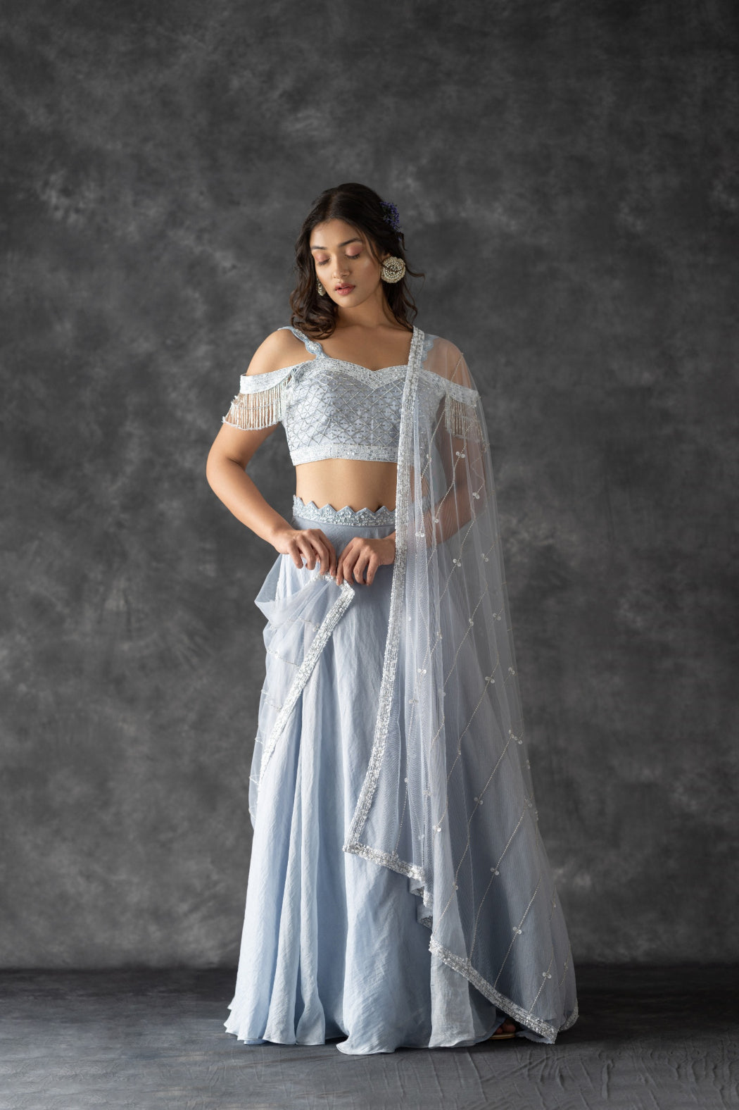 POWDER BLUE COLD SHOULDER BLOUSE AND SHIMMER LEHENGA SET