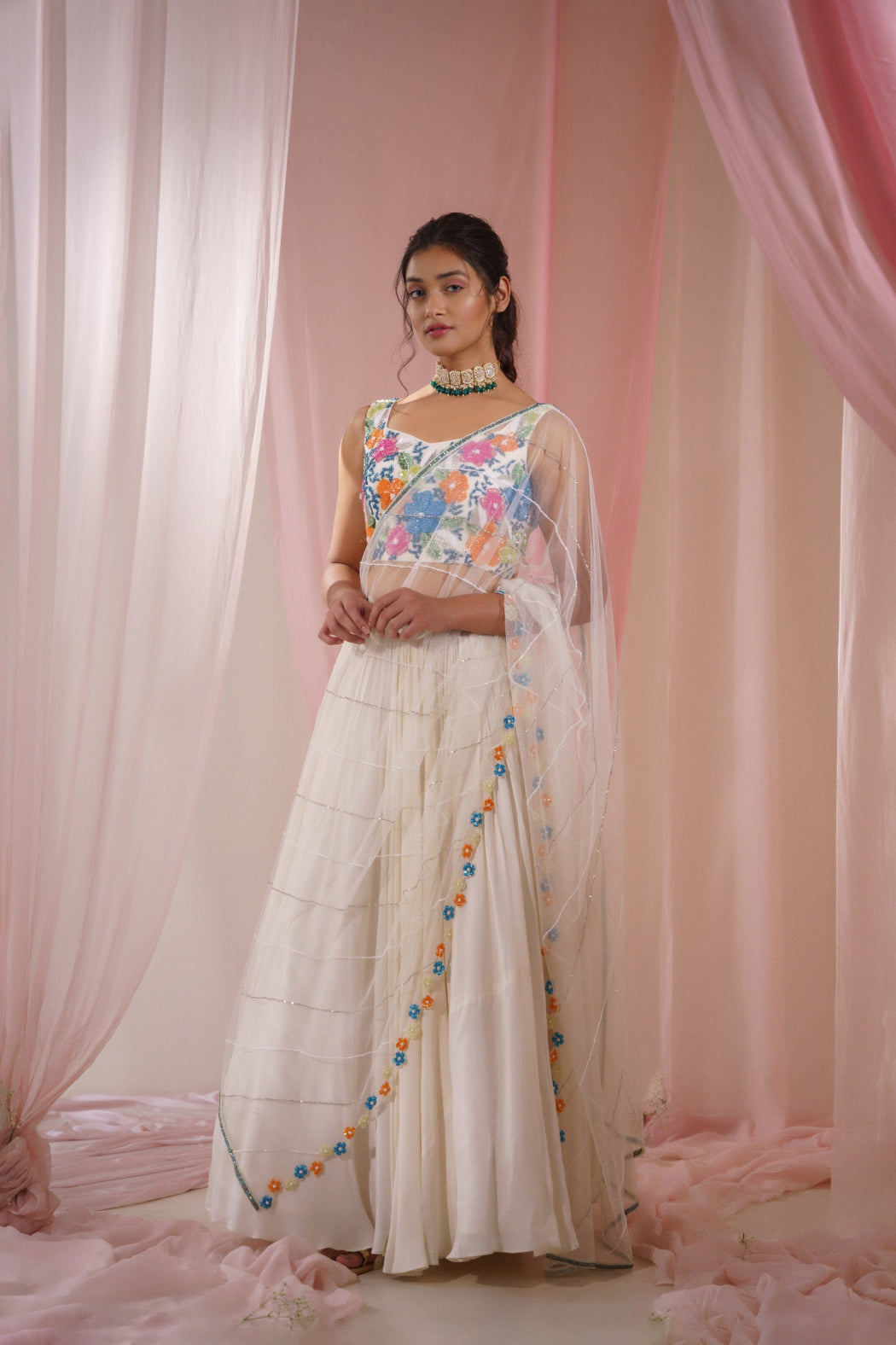 COLOURFUL EMBROIDERED OFF WHITE LEHENGA SET