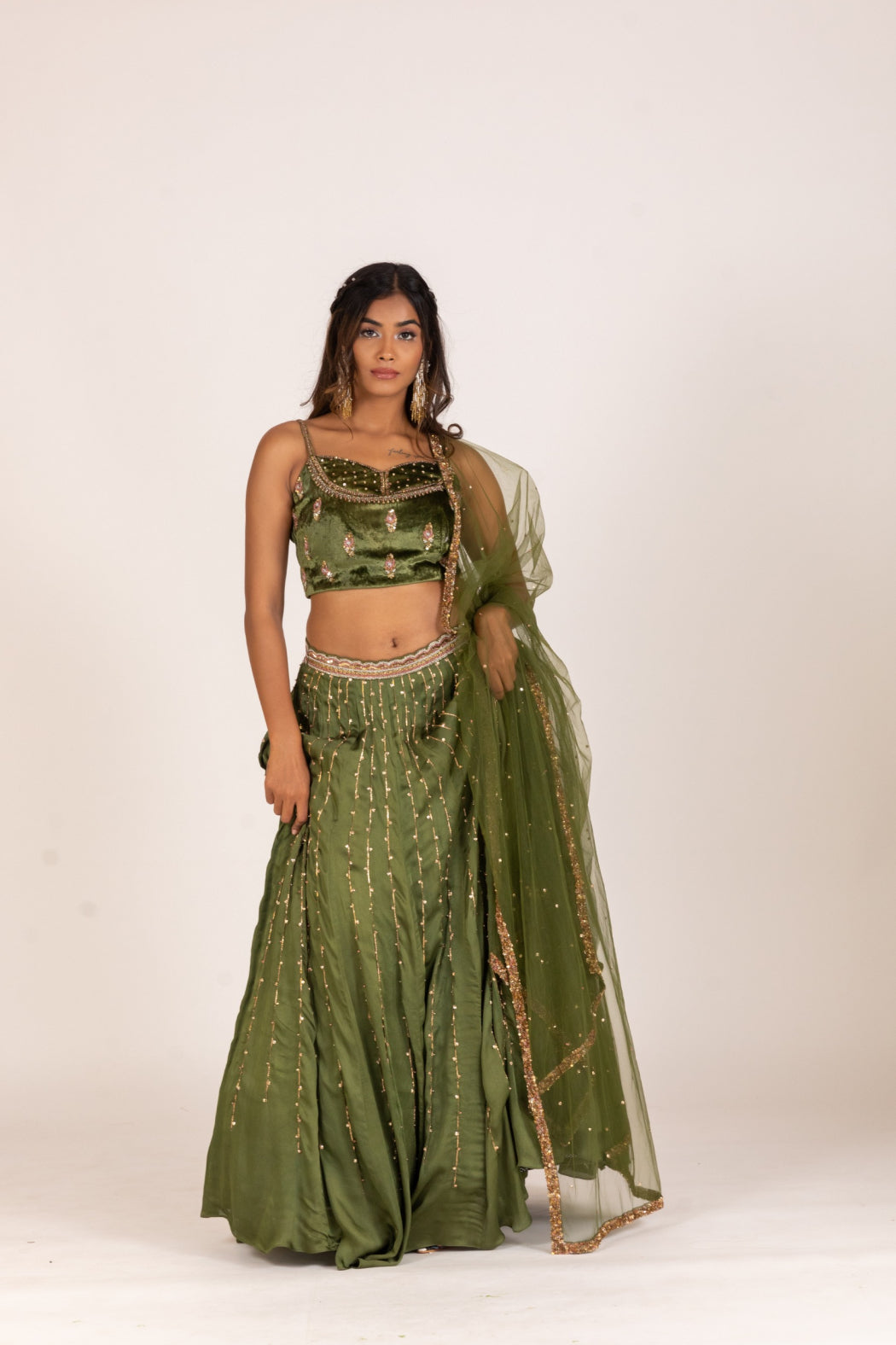 GREEN LEHENGA AND VELVET BLOUSE SET