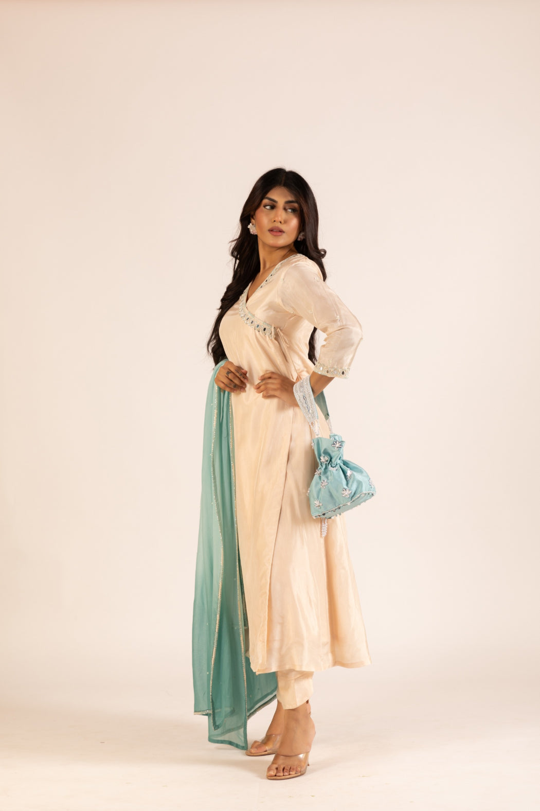 BEIGE AND POWDER BLUE ANGRAKHA SET