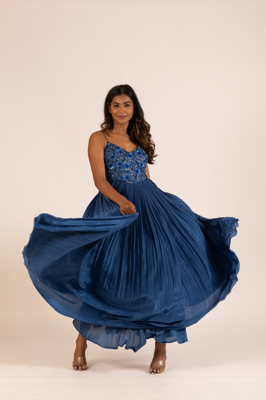 BLUE PLEATED GOWN SET