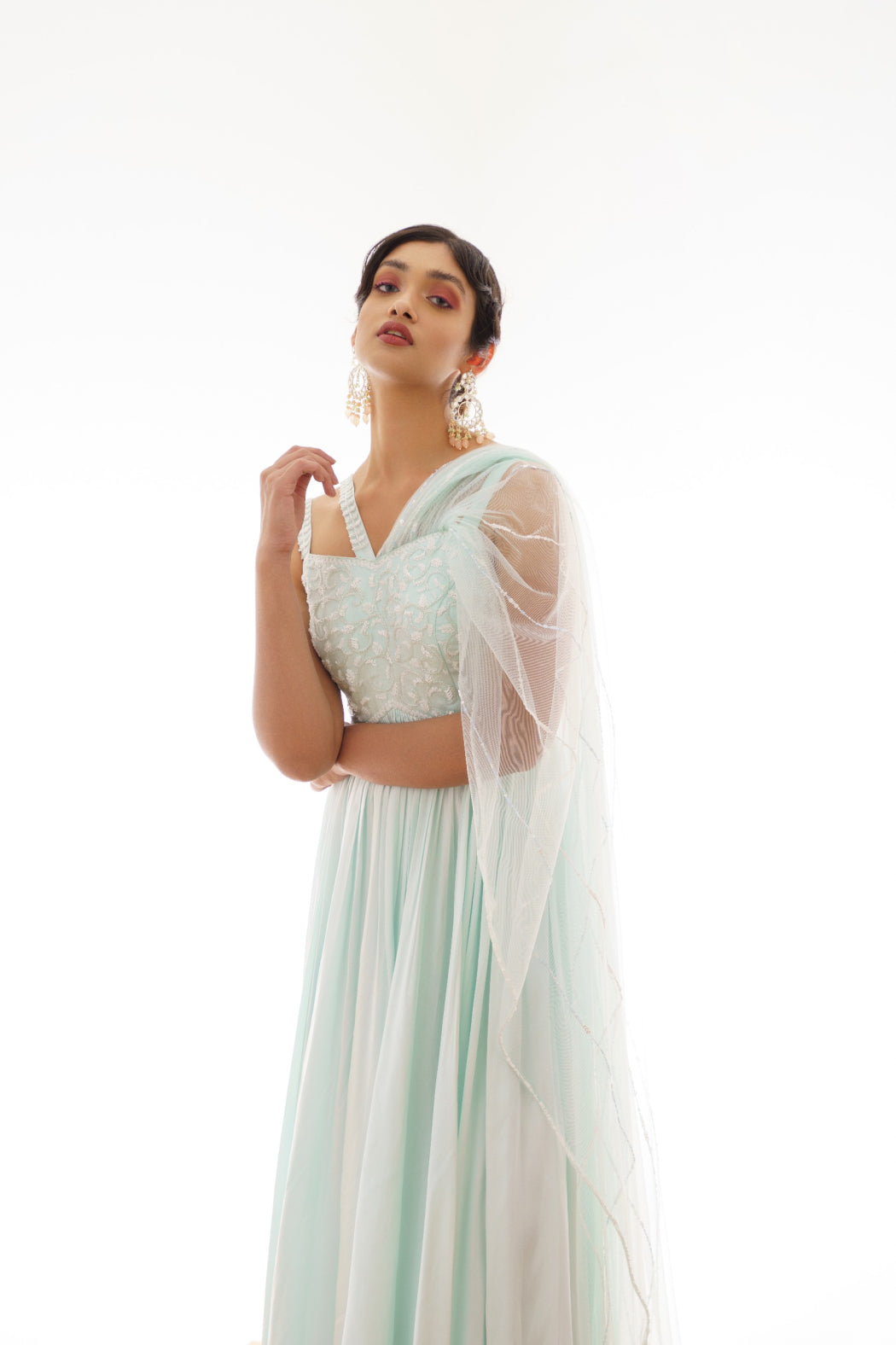 LIGHT MINT DRAPPED GOWN WITH ATTACHED DUPATTA