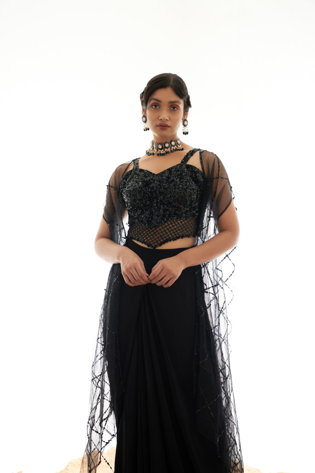 BLACK SELF EMBROIDERED SKIRT SET WITH SHRUG