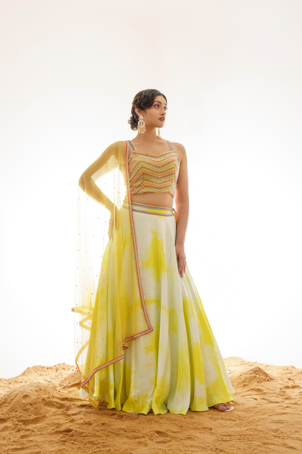 LIME GREEN OMBRE LEHENGA SET WITH COLOURFUL EMBROIDERED BLOUSE