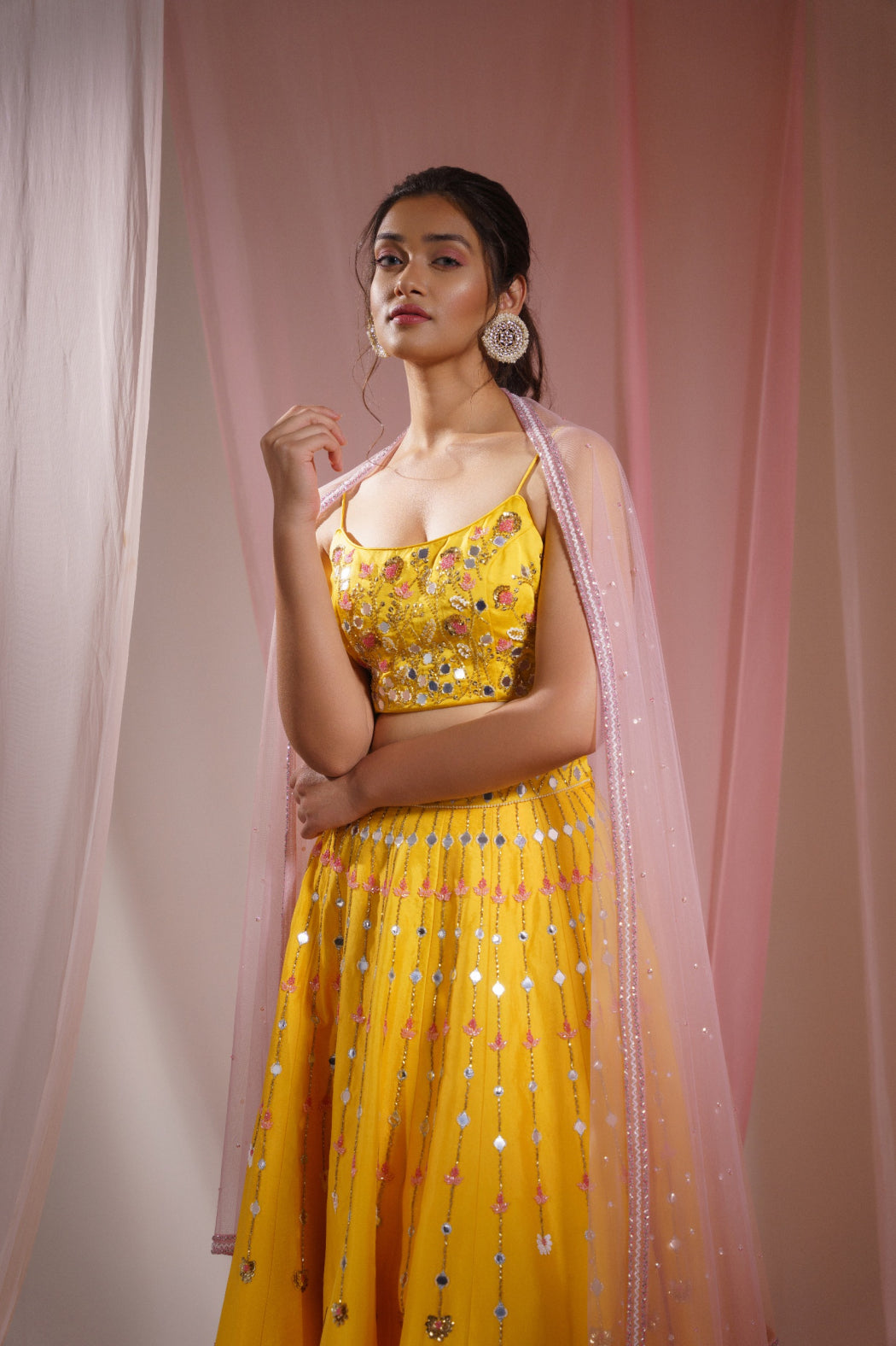 YELLOW HEAVY LEHENGA SET WITH PINK DUPATTA