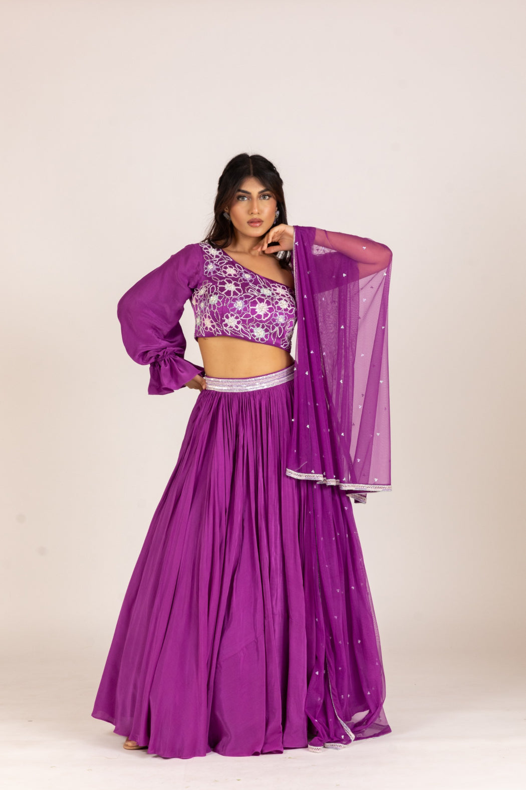 PURPLE ONE SHOULDER LEHENGA SET