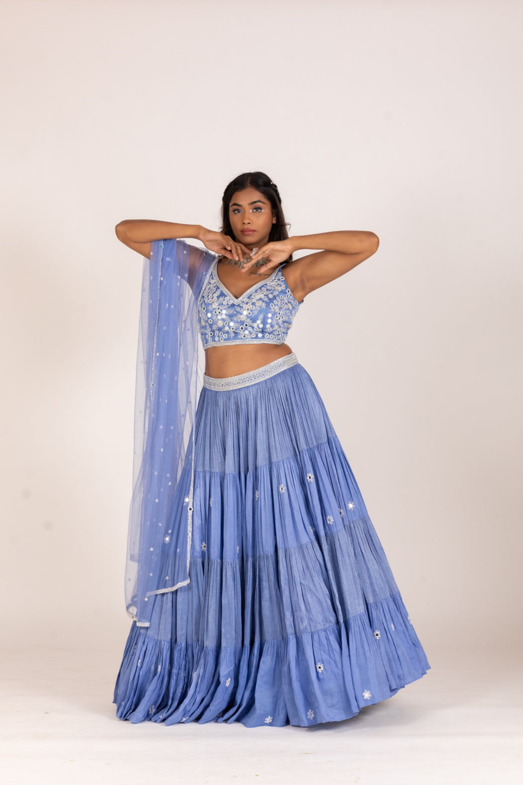 POWDER BLUE FOUR LAYER PLEATED LEHENGA SET