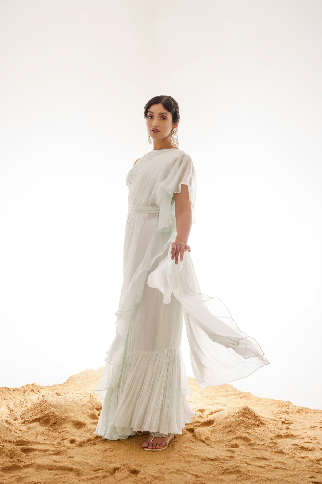 LIGHT MINT DRAPPED RUFFLE SAREE