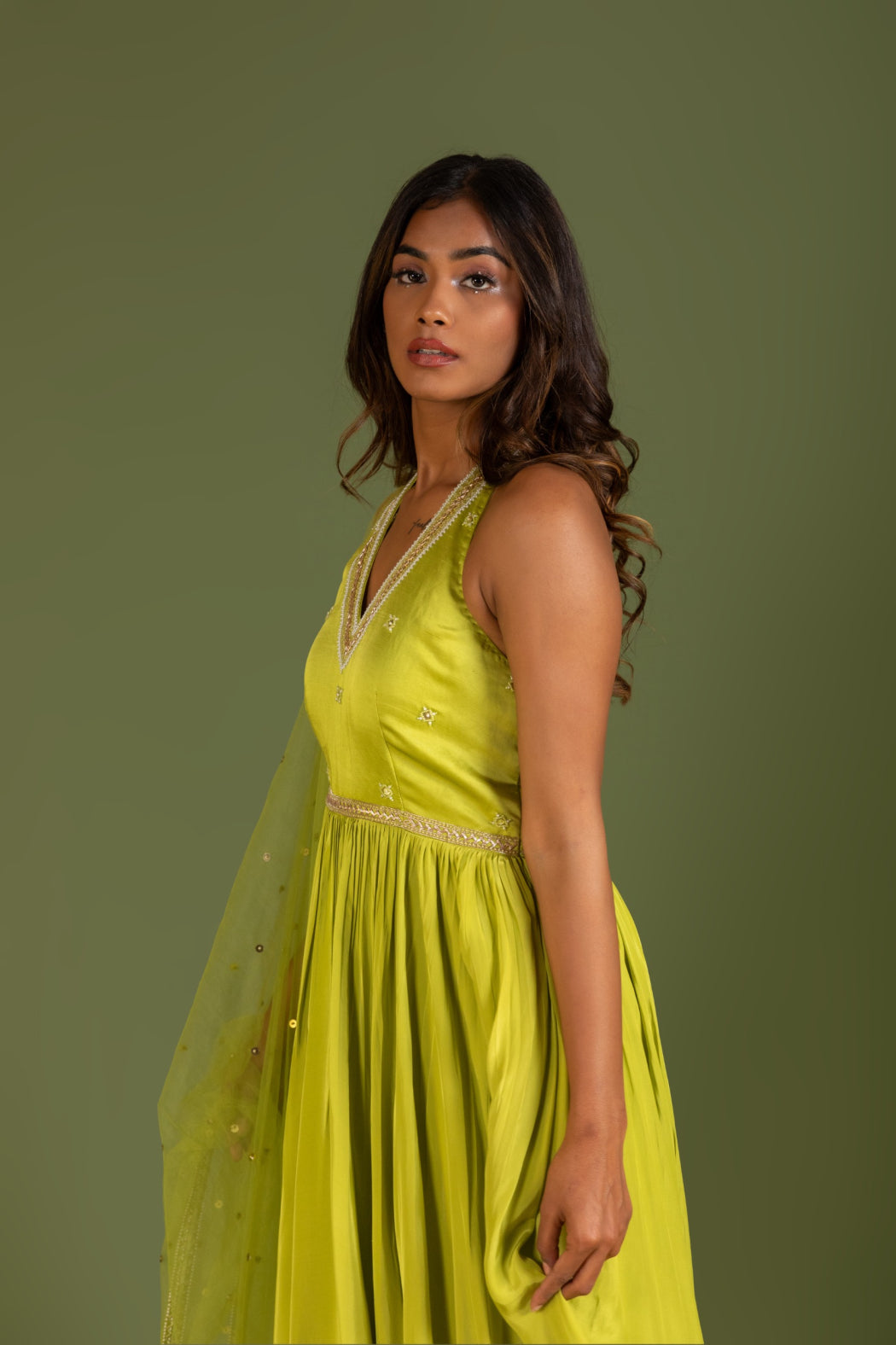 LIME GREEN HALTER NECK ANARKALI SET