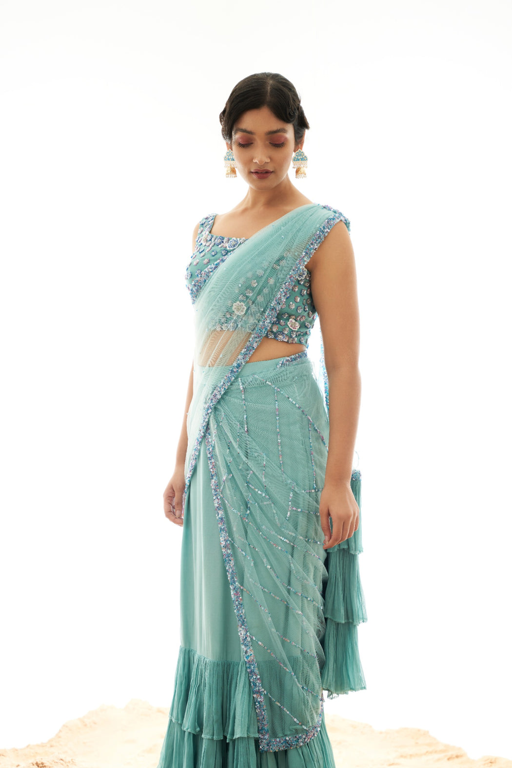 SKY BLUE DRAPPED SAREE WITH RUFFLE DUPATTA