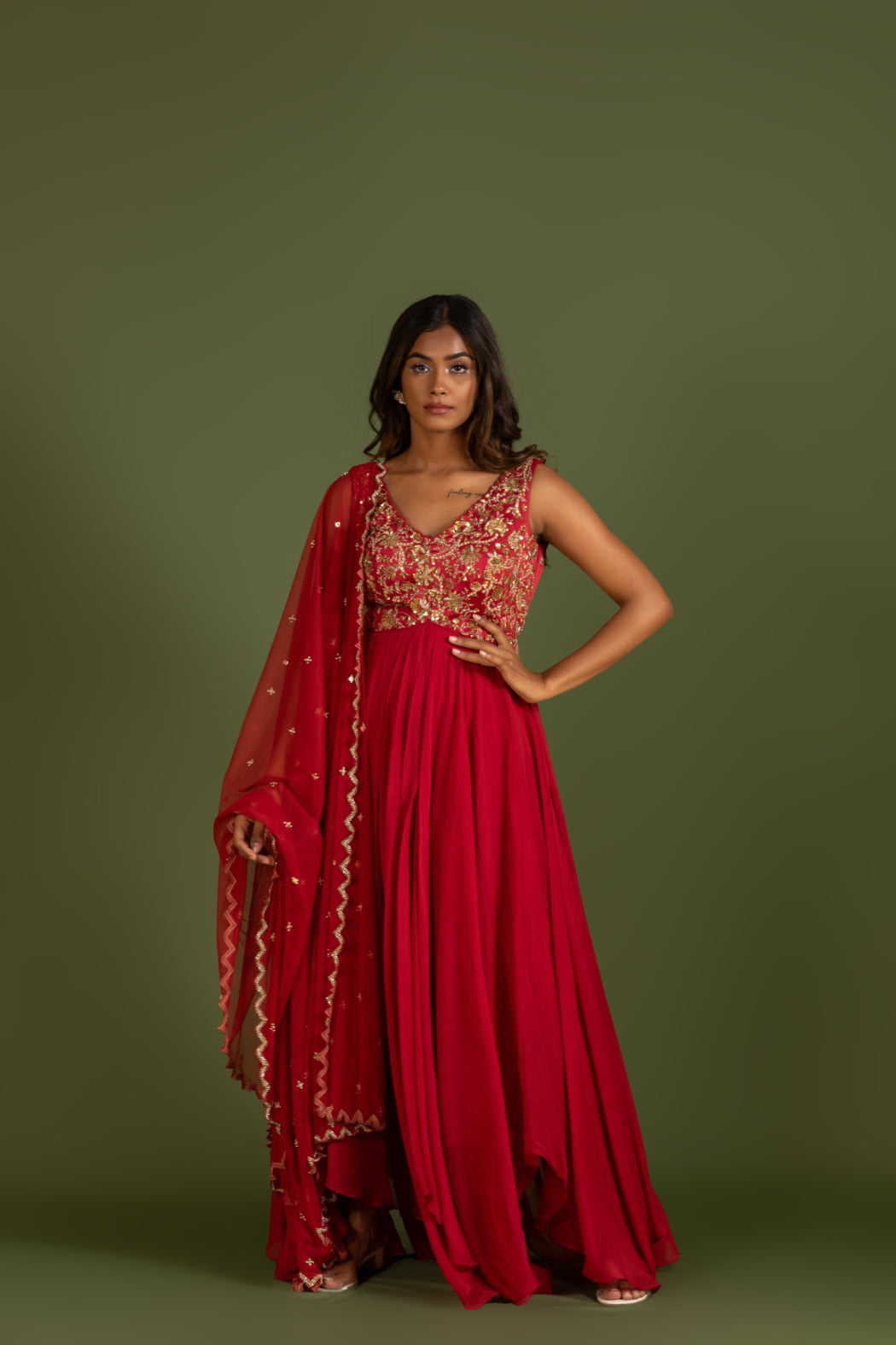 RED ORGANZA ANARKALI DRESS