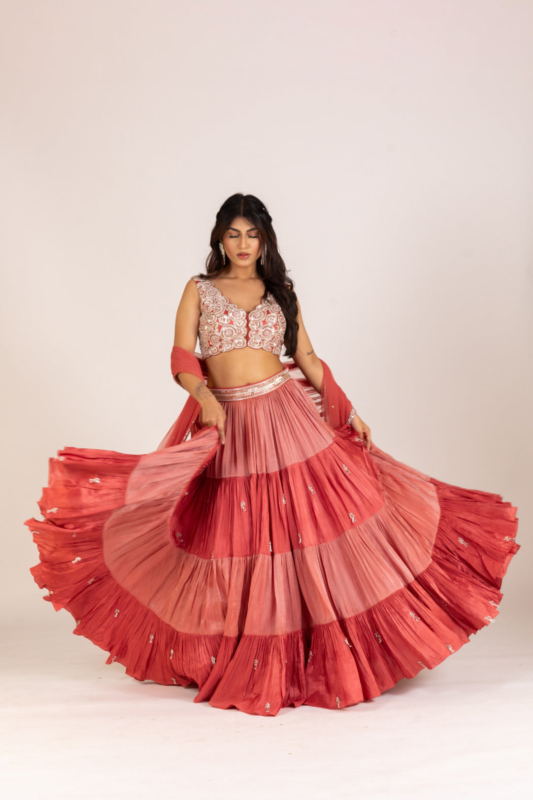 RUST FOUR LAYER PLEATED LEHENGA SET