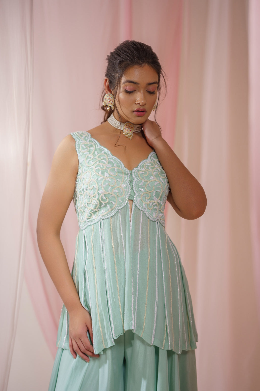 TEAL PEPLUM WITH PEARL EMBROIDERED AND PLAZZO SET