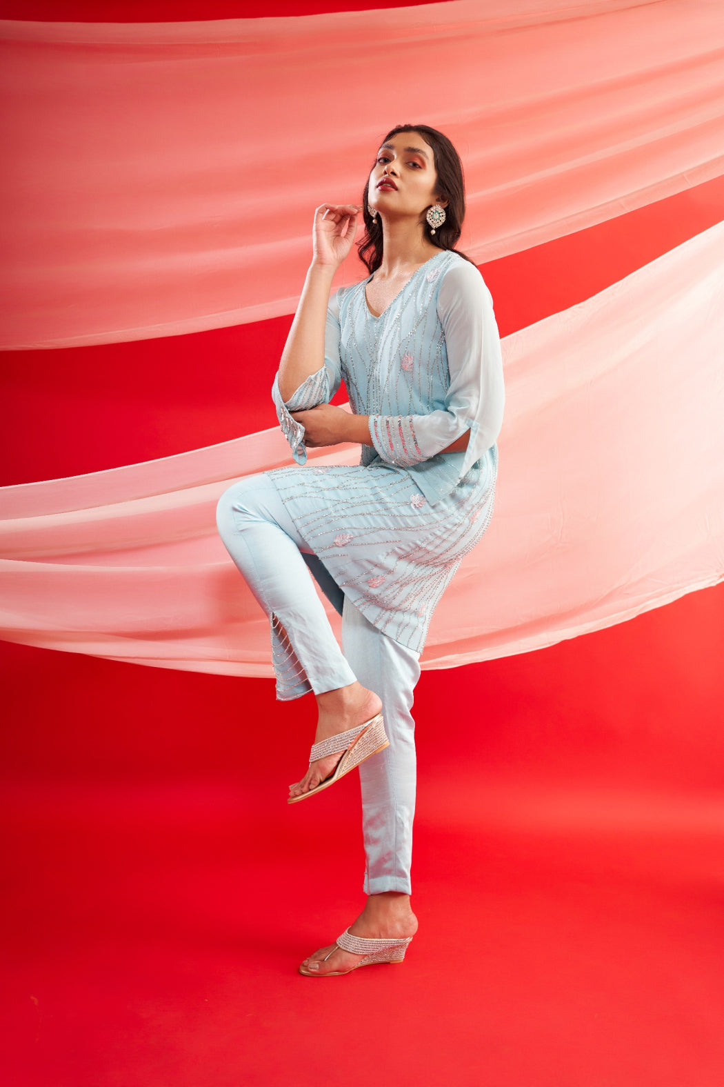 SILVER EMBROIDERED SKY BLUE TUNIC AND PANT SET