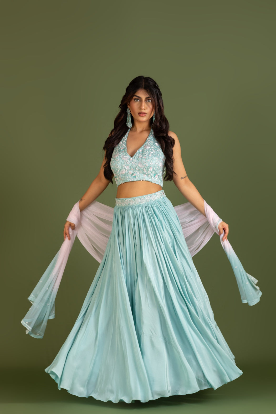 MINT HALTER NECK LEHENGA SET