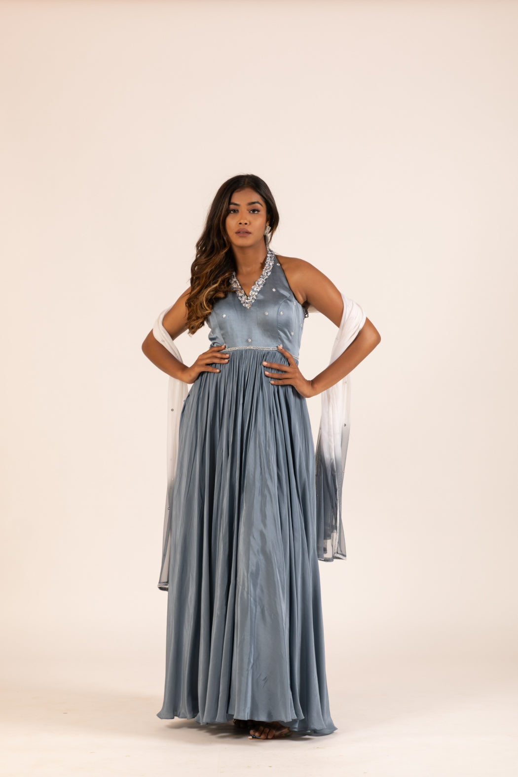 GREY HALTER NECK PLEATED GOWN SET