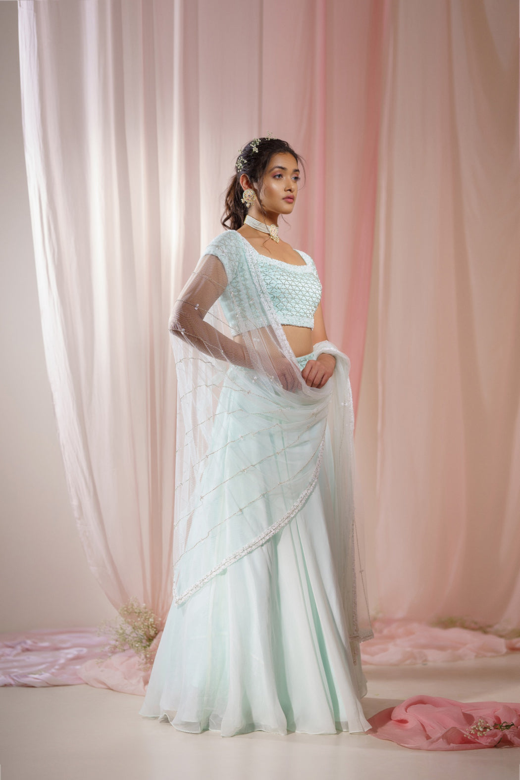 LIGHT MINT ORGANZA LEHENGA SET