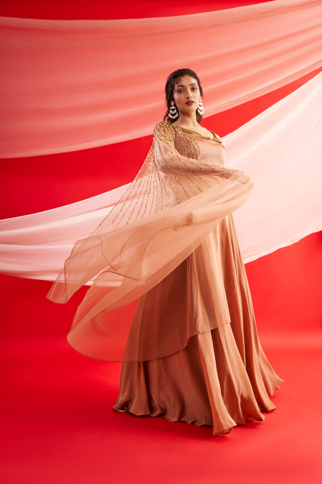 BRONZE GOWN WITH ATTACHED DRAPPED DUPATTA