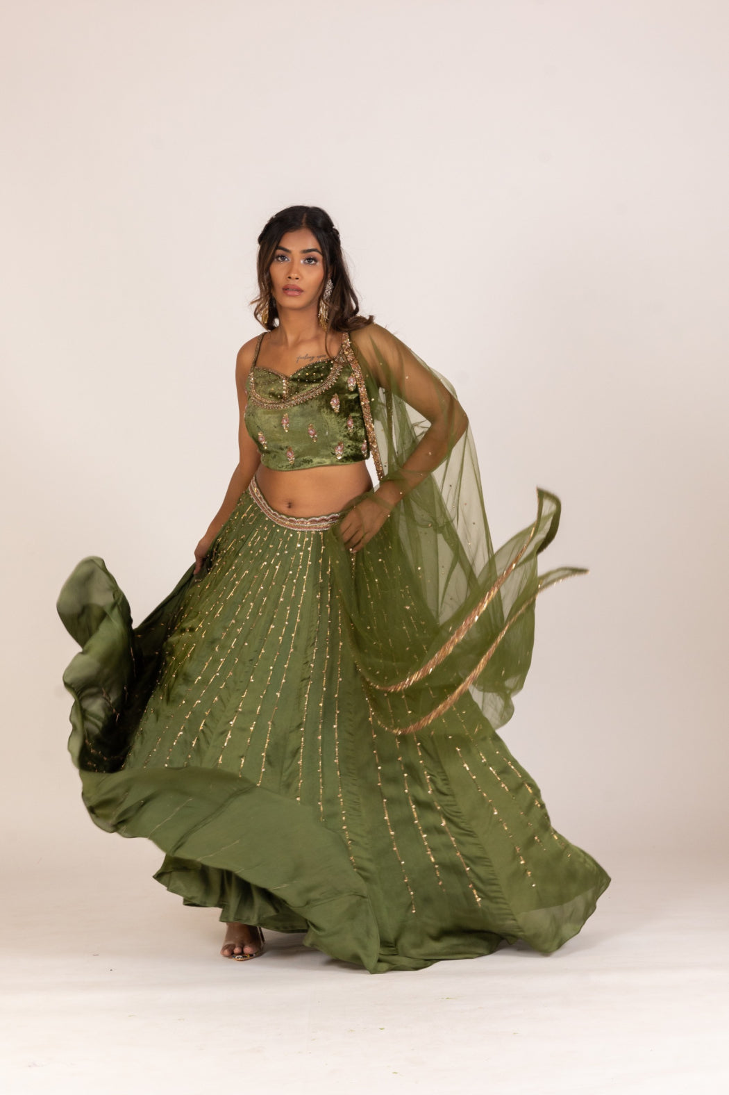 GREEN LEHENGA AND VELVET BLOUSE SET