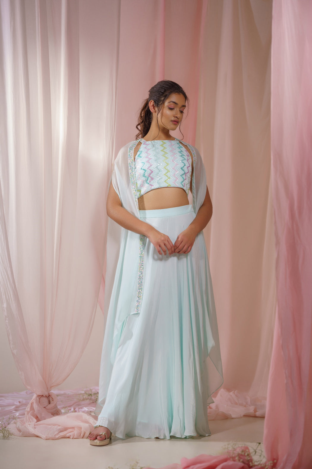 SKY BLUE DHOTI SKIRT WITH COLOURFUL EMBROIDERED BLOUSE AND SHRUG SET