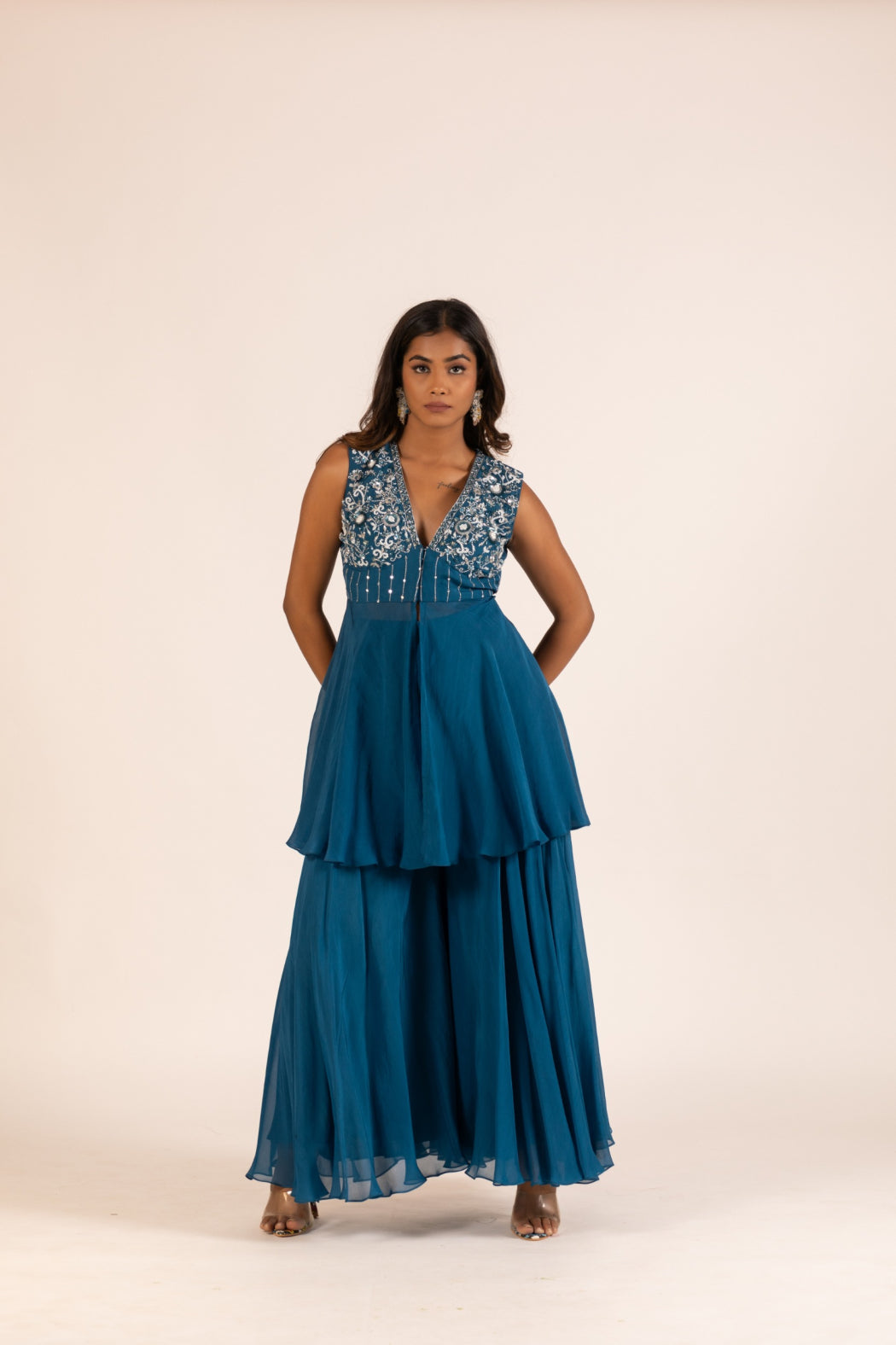 PEACOCK BLUE PEPLUM AND PLAZZO SET