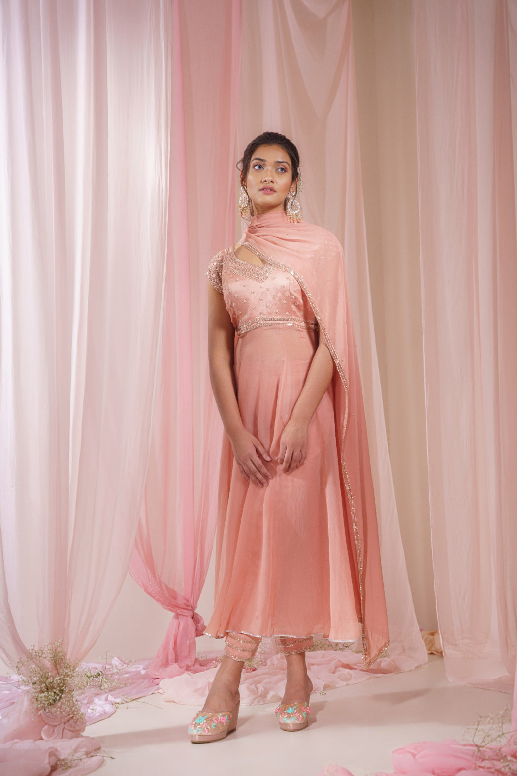 NUDE ORGANZA SUIT AND EMBROIDERED PANT SET