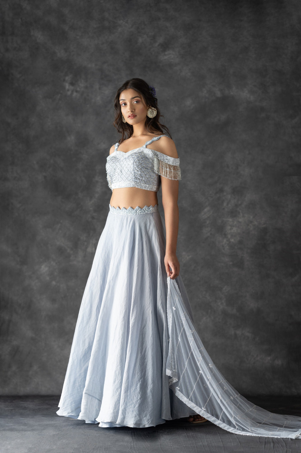 POWDER BLUE COLD SHOULDER BLOUSE AND SHIMMER LEHENGA SET