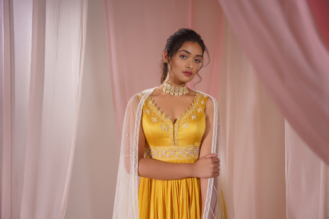 YELLOW ANARKALI WITH OMBRE DUPATTA