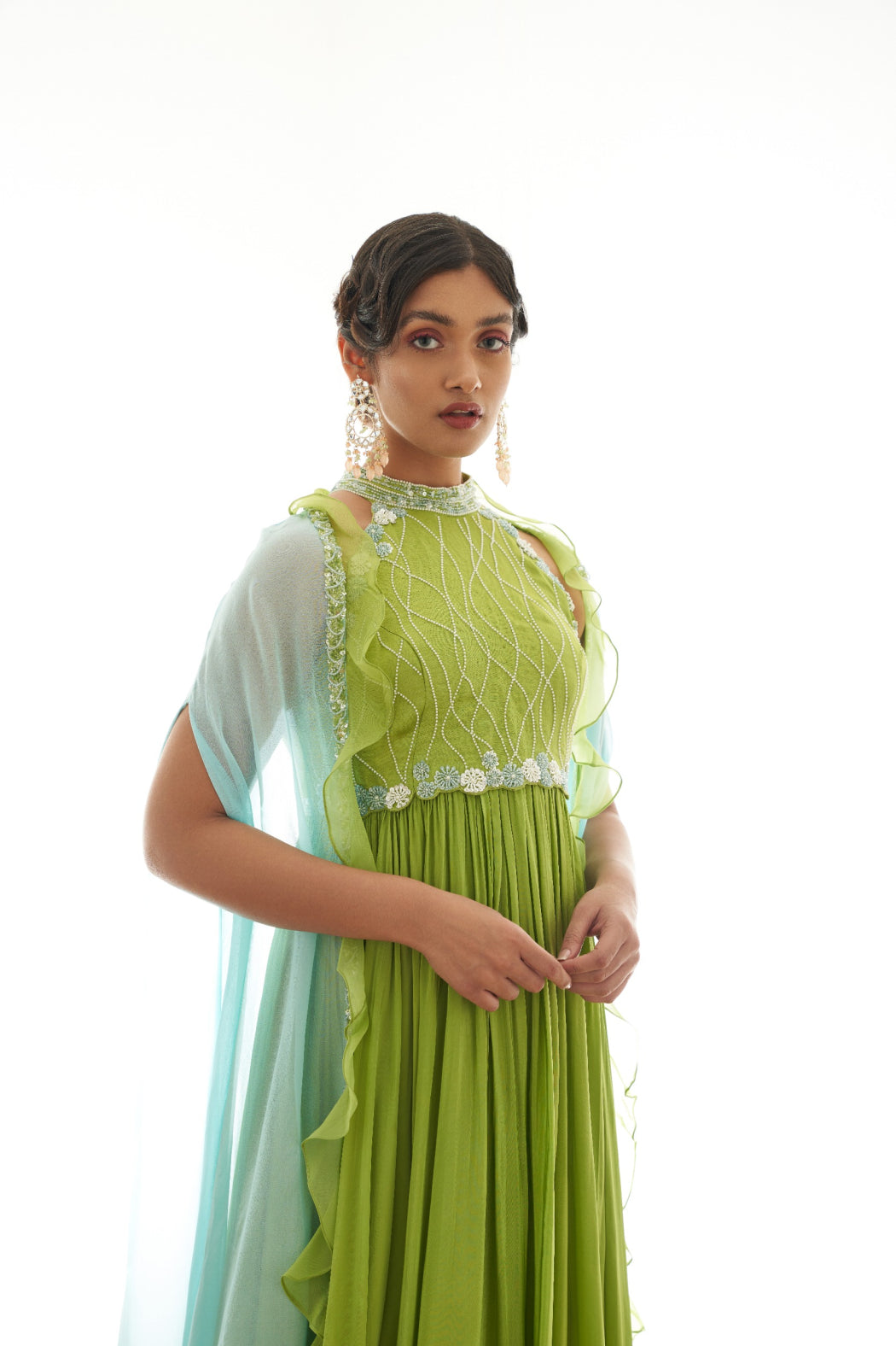 GREEN GOWN AND SKY BLUE RUFFLED SHRUG