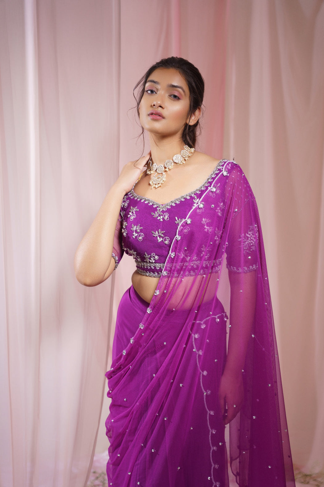 PURPLE PLEATTED SAREE WITH ATTACHED PALLU