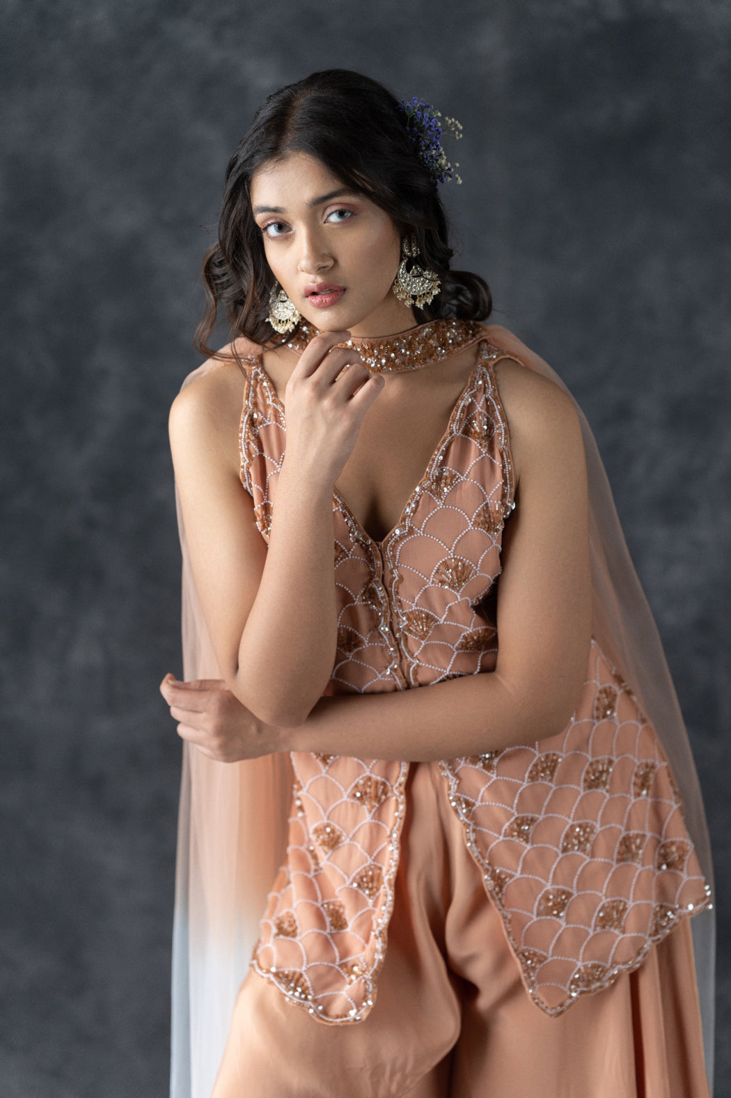 NUDE TUNIC AND PLAZZO SET WITH CHOKAR OBMRE DUPATTA