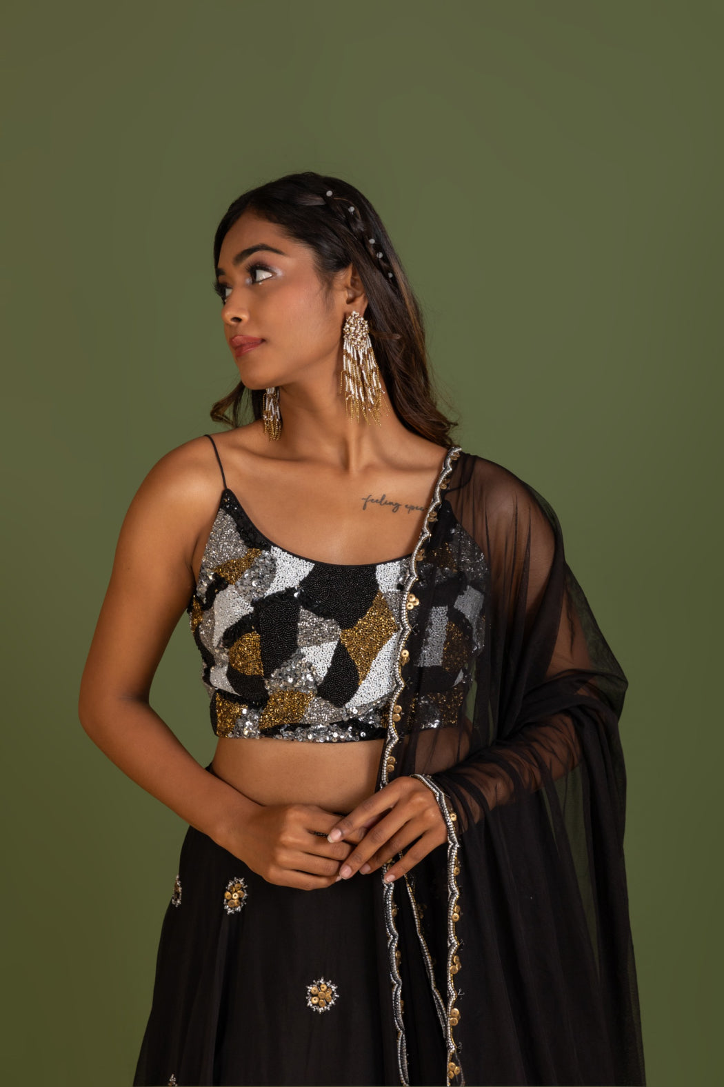 BLACK ORGANZA LEHENGA SET