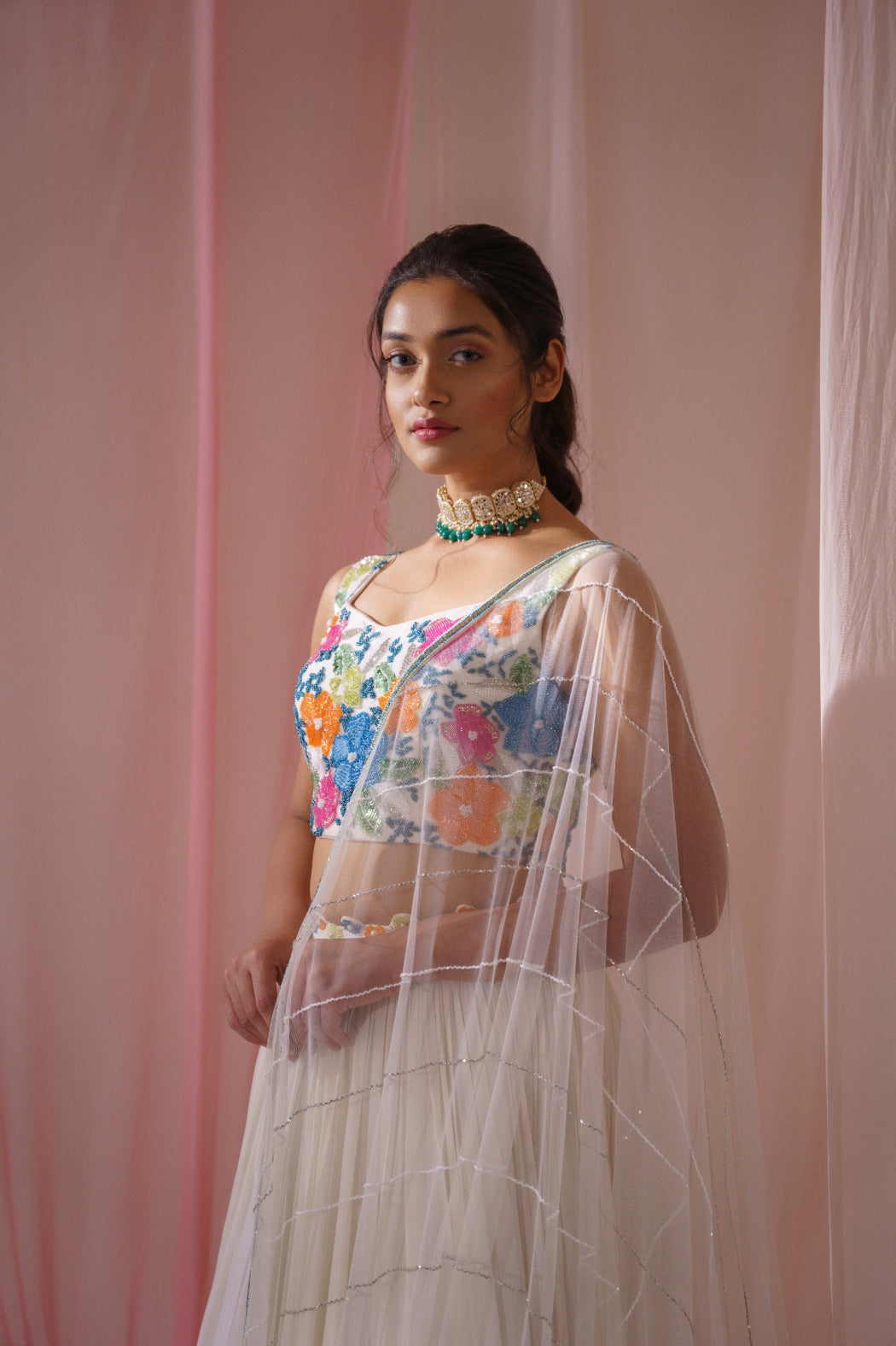 COLOURFUL EMBROIDERED OFF WHITE LEHENGA SET